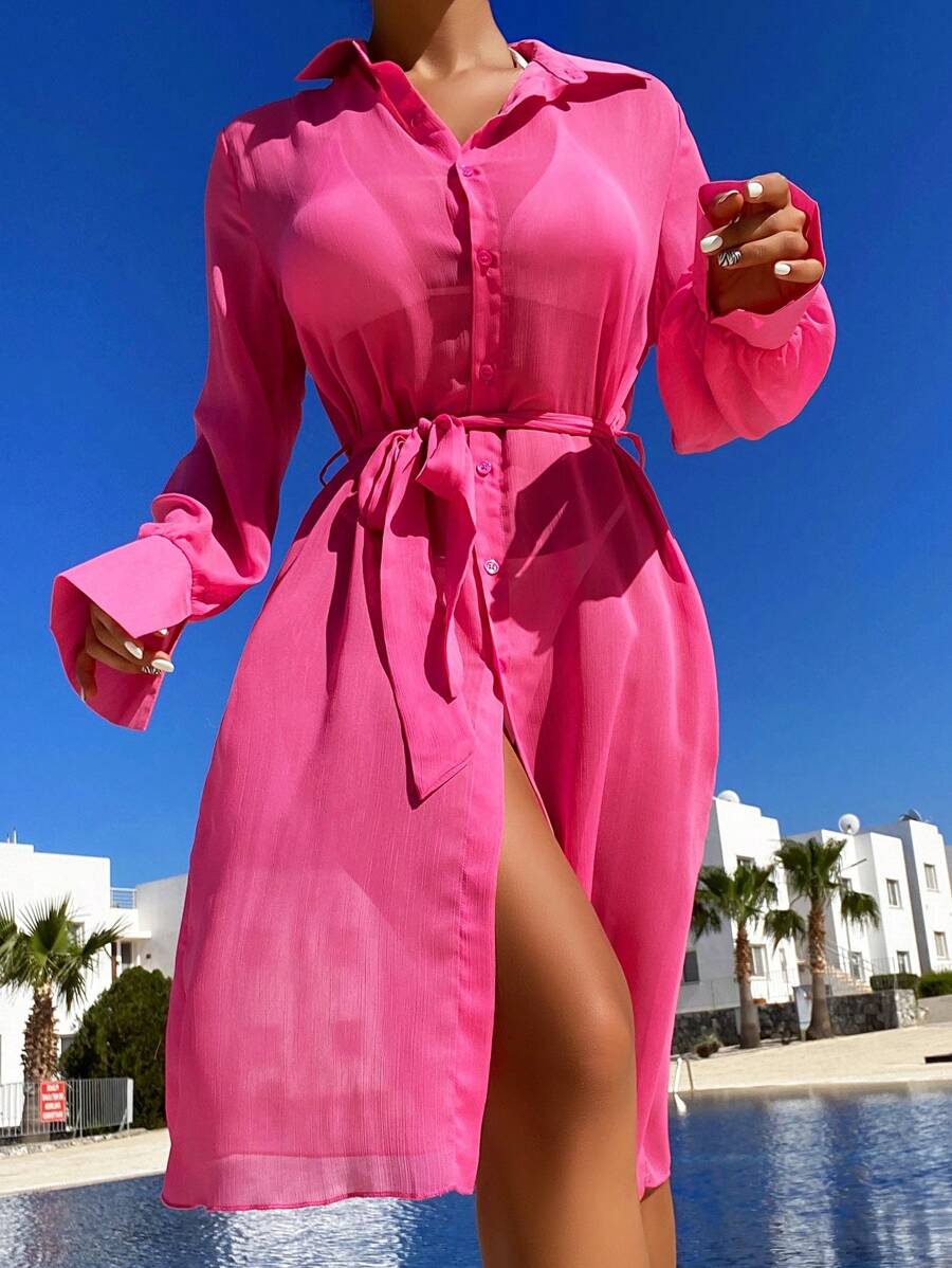 Button Front Belted Kimono - Hot Pink - View 1