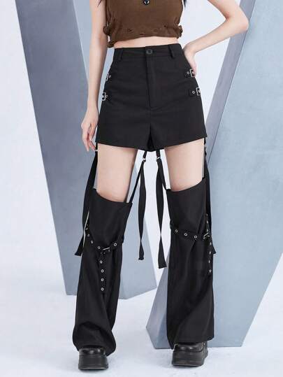 Grunge Punk Solid Cut Out Grommet Eyelet Buckle Detail Pants, School