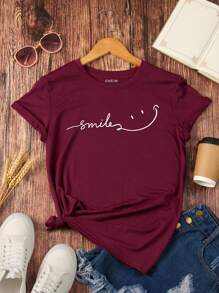 INAWLY Letter Graphic Tee Graphic Tees Women Tops - Burgundy - View 1