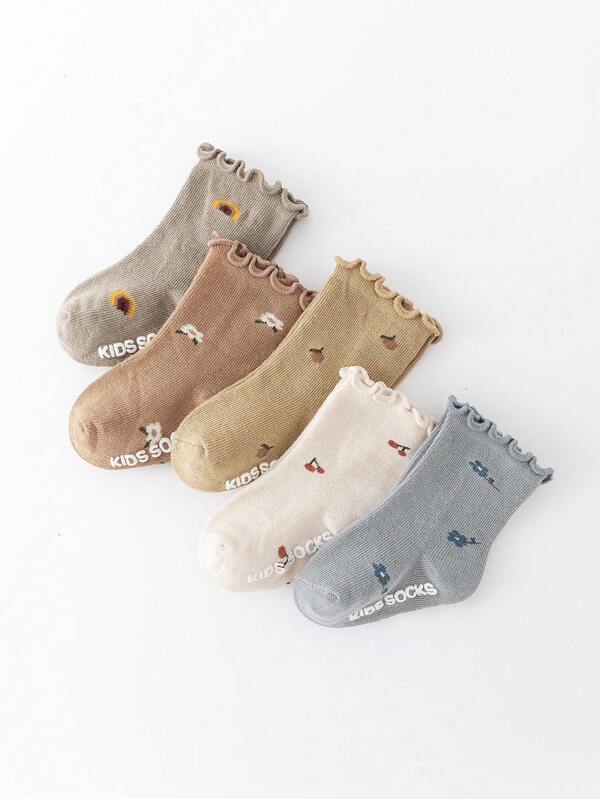 5 Pairs Baby Socks With Frill Edges And Non-Slip Dots, Suitable For Spring & Autumn