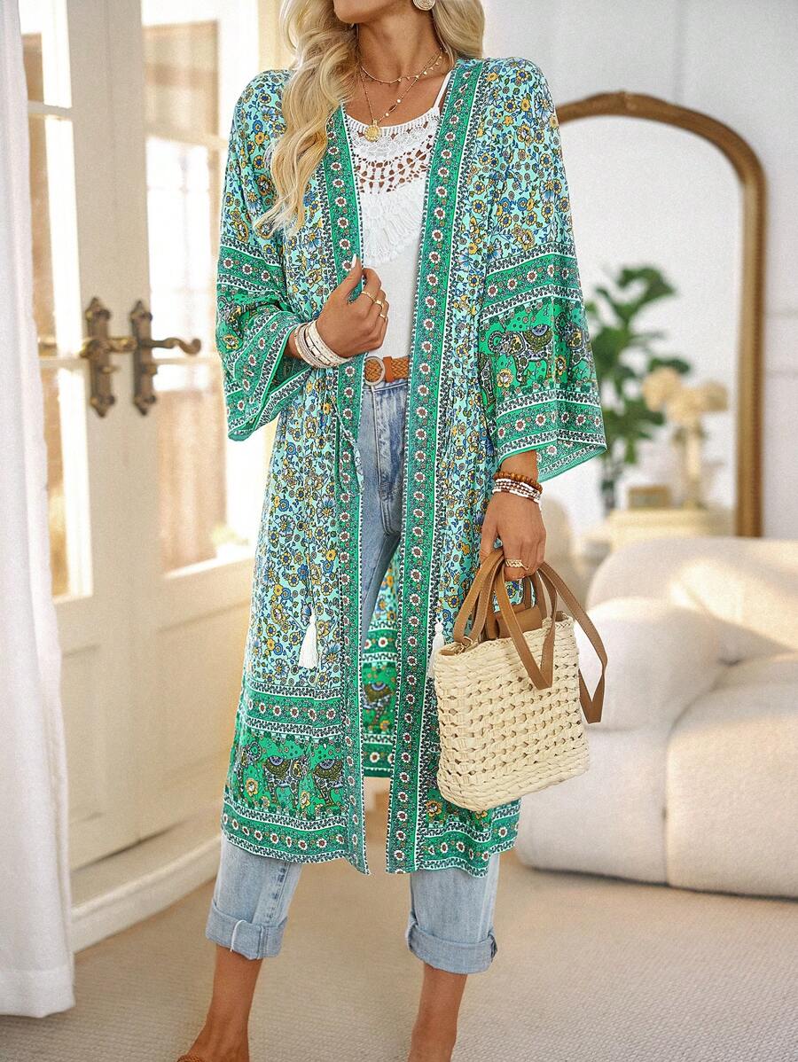 Kimono Nữ Thắt nơ trước Hoa Tất cả trên in - Nhiều màu - Xem 1