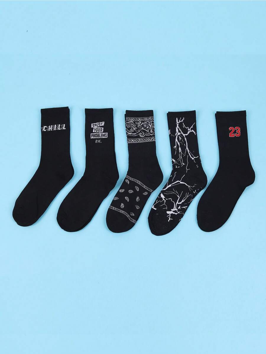 5pairs Men Letter Graphic Crew Socks - Black - View 1