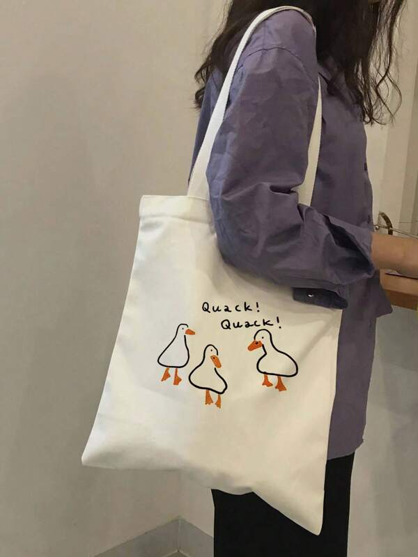 Cute Duck Printed Pattern Shoulder Bag, Fashion Canvas Tote Bag, Handbag, Shopping Bag For Women, Casual Tote Bag For Students, Office Workers, Shopping, Outdoor, Gift