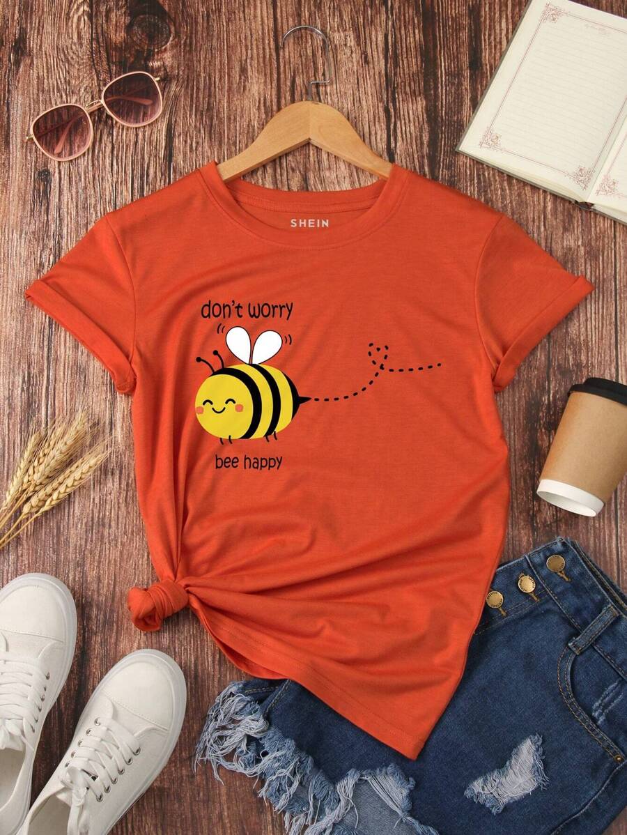 INAWLY Bee And Slogan Graphic Tee Don't Worry Bee Happy Graphic Tees Women Tops - Burnt Orange - View 1