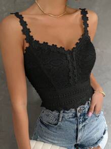SHEIN Privé Guipure Lace Cami Top - Black - View 6