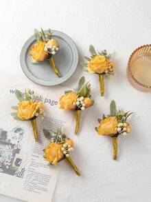 6 piezas Boutonniere unisex con diseño de flor de moda para boda - Amarillo Mostaza - Ver 1