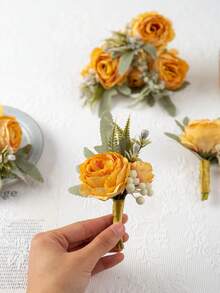 6 piezas Boutonniere unisex con diseño de flor de moda para boda - Amarillo Mostaza - Ver 2