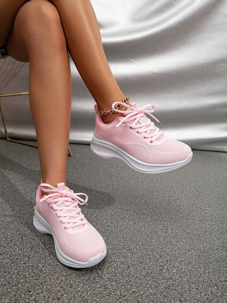 運動跑步鞋適用於女士勾織粉色前綁帶運動鞋