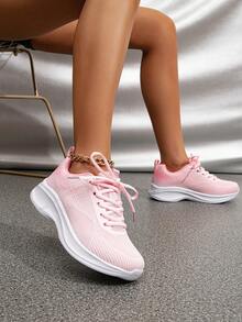 運動跑步鞋適用於女士勾織粉色前綁帶運動鞋