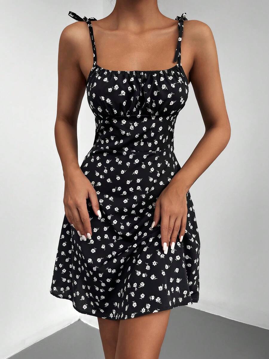 EURMUSE Ditsy Floral Knot Shoulder Cami Dress - Black - View 1