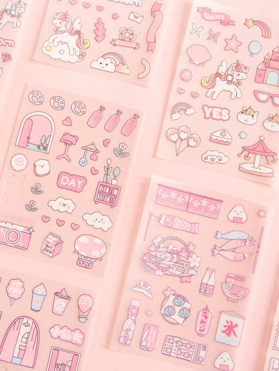 4入組混合圖案什錦貼紙可愛多用途貼紙適用於DIY工藝品、裝飾品、手帳 - 粉色 - 查看 1