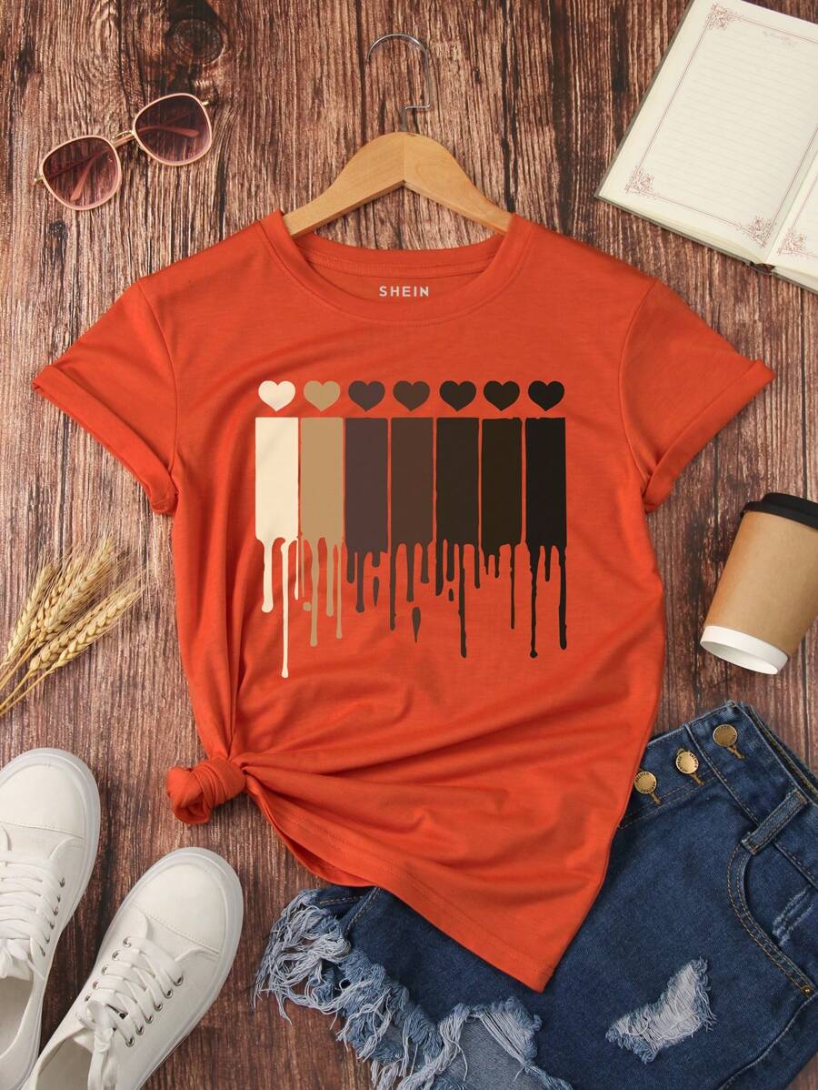 INAWLY Heart Print Tee Graphic Tees Women Tops - Orange - View 1