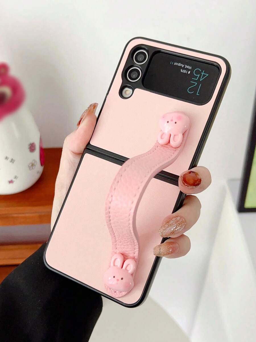 Rabbit Decor PC Phone Case With Wrist Strap - Pink - View 1