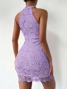 Chiquease Đầm Dây kéo màu trơn Thanh lịch - Màu tím hoa cà - Xem 2