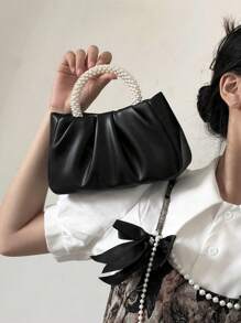 Faux Pearl Decor Ruched Bag Nhỏ - màu đen - Xem 6