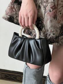 Faux Pearl Decor Ruched Bag Nhỏ - màu đen - Xem 8