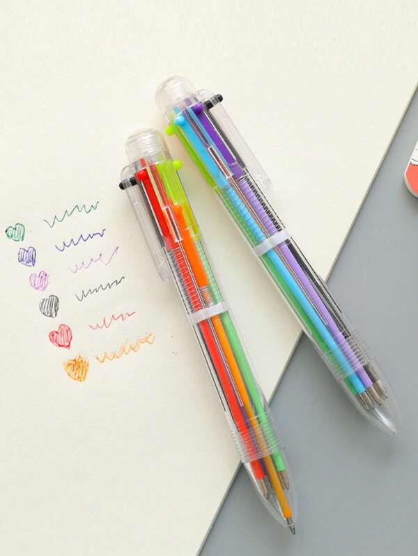 1pc Clear 6 In 1 Ballpoint Pen, Simple Portable Writing Pen For Adult, Office, Student