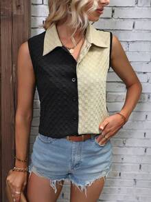 SHEIN LUNE Two Tone Button Front Sleeveless Shirt - Multicolor - View 3