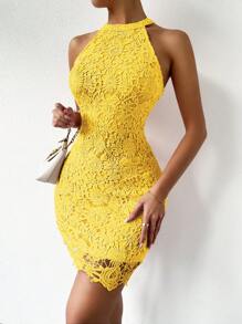Chiquease 提花蕾絲繞頸緊身連衣裙 - 黃色 - 查看 4