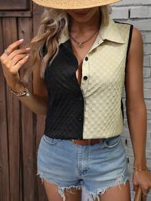 SHEIN LUNE Two Tone Button Front Sleeveless Shirt - Multicolor - View 4