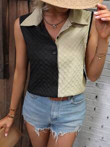 SHEIN LUNE Two Tone Button Front Sleeveless Shirt - Multicolor - View 5