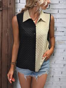 SHEIN LUNE Two Tone Button Front Sleeveless Shirt - Multicolor - View 6