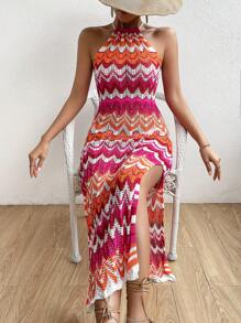 SHEIN Swim 鋸齒形印花高衩繞頸罩衫連衣裙