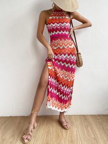 SHEIN Swim 鋸齒形印花高衩繞頸罩衫連衣裙