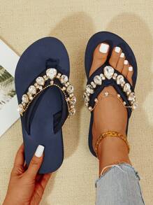 全新女士高级宝石人字凉鞋 - 藏蓝色 - 查看 1