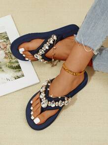 全新女士高级宝石人字凉鞋 - 藏蓝色 - 查看 6