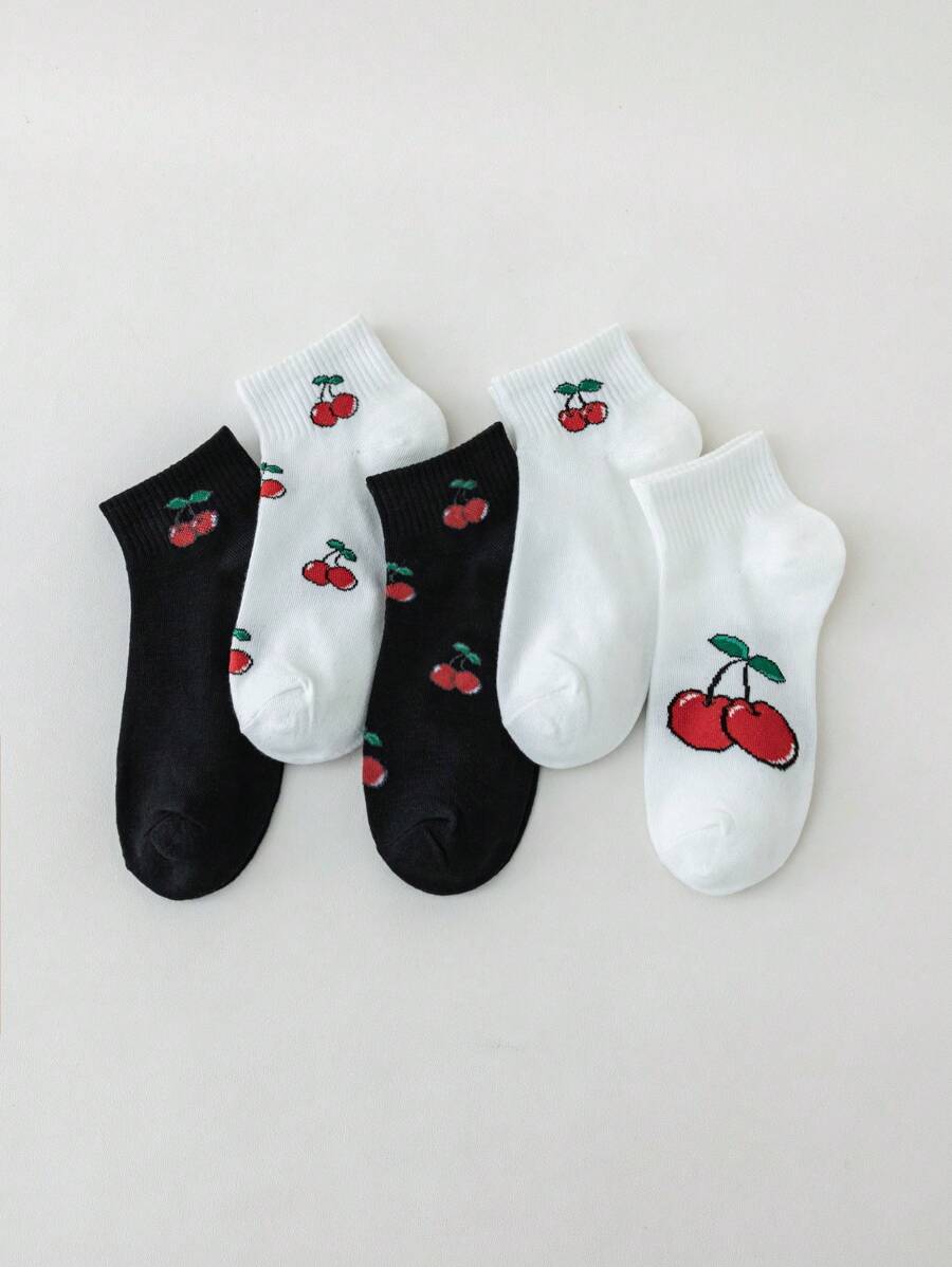 5pairs Cherry Pattern Ankle Socks - Multicolor - View 1