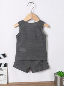 SHEIN Baby Boy Letter Patched Detail Waffle Knit Tank Top & Shorts