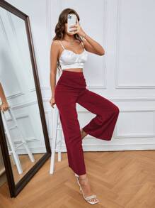 SHEIN Essnce Solid Ruched Wide Leg Trousers - Burgundy - View 4