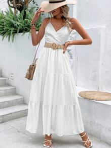 SHEIN VCAY Vestido largo sin cinturón de mujer con camisa de tirantes y dobladillo con volantes y bordado de ojal - Blanco - Ver 3