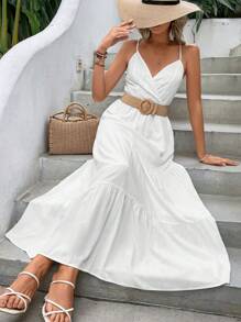 SHEIN VCAY Vestido largo sin cinturón de mujer con camisa de tirantes y dobladillo con volantes y bordado de ojal - Blanco - Ver 5