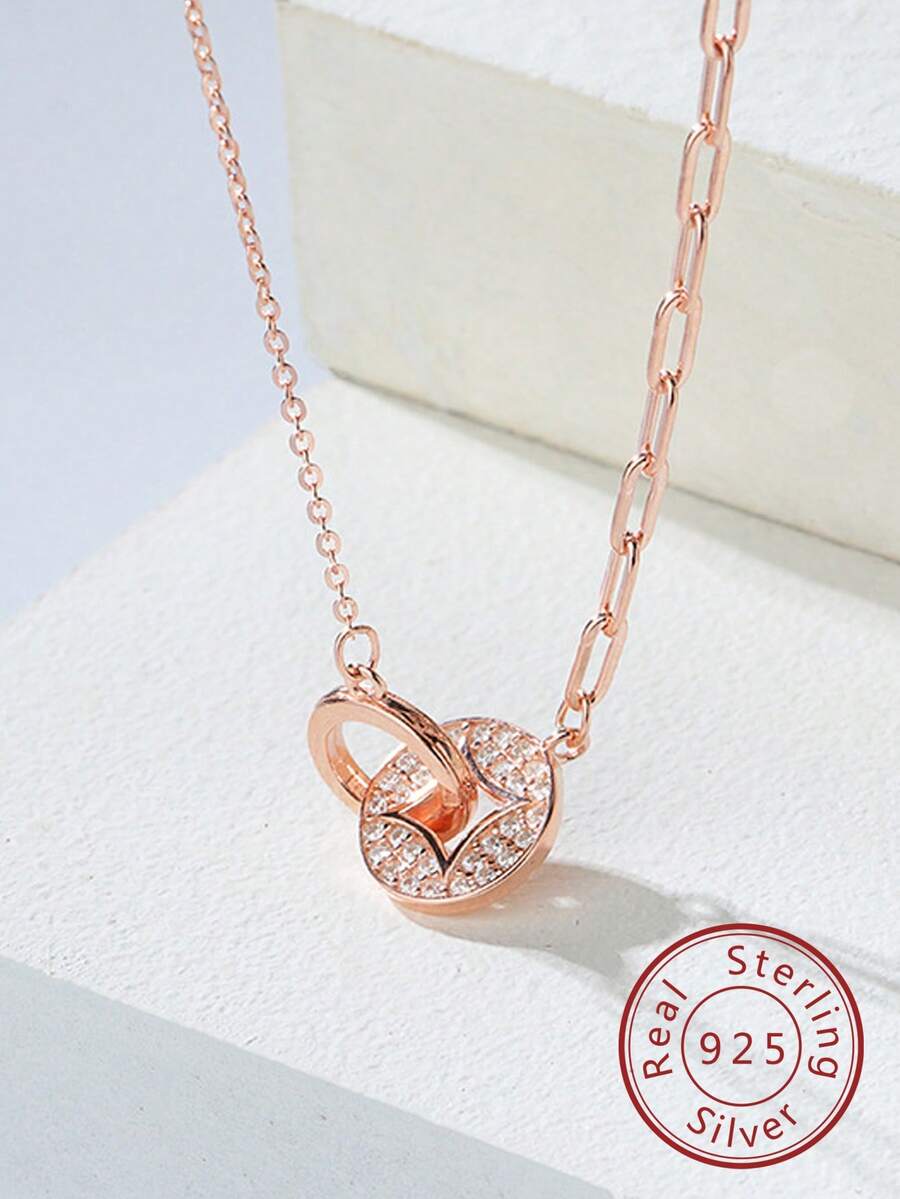 1入組可愛簡約環形裝飾鑲嵌銀項鍊 - 玫瑰金 - 查看 1