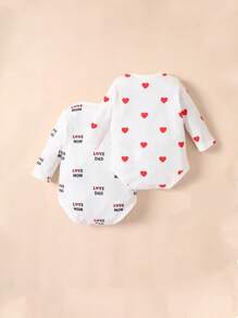 SHEIN 新生兒2入組愛心和字母圖案連體衣 - 白色 - 查看 2