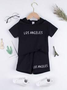 男嬰字母圖案連帽T恤和短褲 - 黑色 - 查看 1
