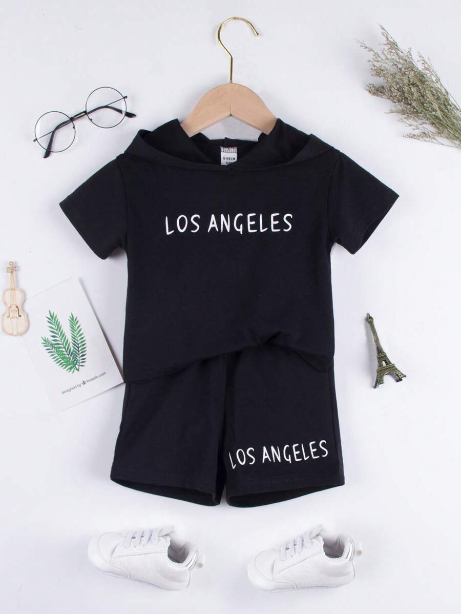 男嬰字母圖案連帽T恤和短褲 - 黑色 - 查看 1