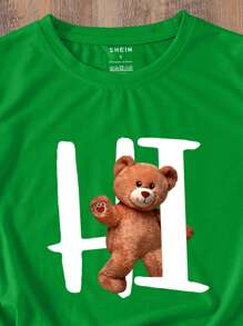 SHEIN Qutie Camiseta con estampado de oso y letra - Verde - Ver 3