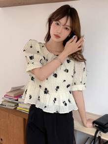 DAZY In hoa Ống tay áo Áo sơ mi Peplum - Màu be - Xem 5