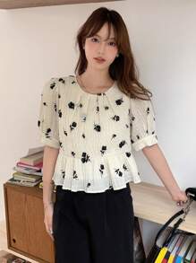 DAZY In hoa Ống tay áo Áo sơ mi Peplum - Màu be - Xem 7