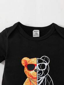 SHEIN 男婴童小熊印花連體衣和3D耳朵設計帽 - 黑色 - 查看 4