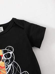 SHEIN 男婴童小熊印花連體衣和3D耳朵設計帽 - 黑色 - 查看 6