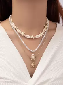 3 cái/bộ Châu âu & Mỹ bờ biển Kỳ nghỉ Phong cách Tự nhiên Ngẫu nhiên Vỏ sò Màu ngọc lam Sao biển Ngọc trai Giả Bện Vòng cổ dây  Đối với phụ nữ - Vàng - Xem 1