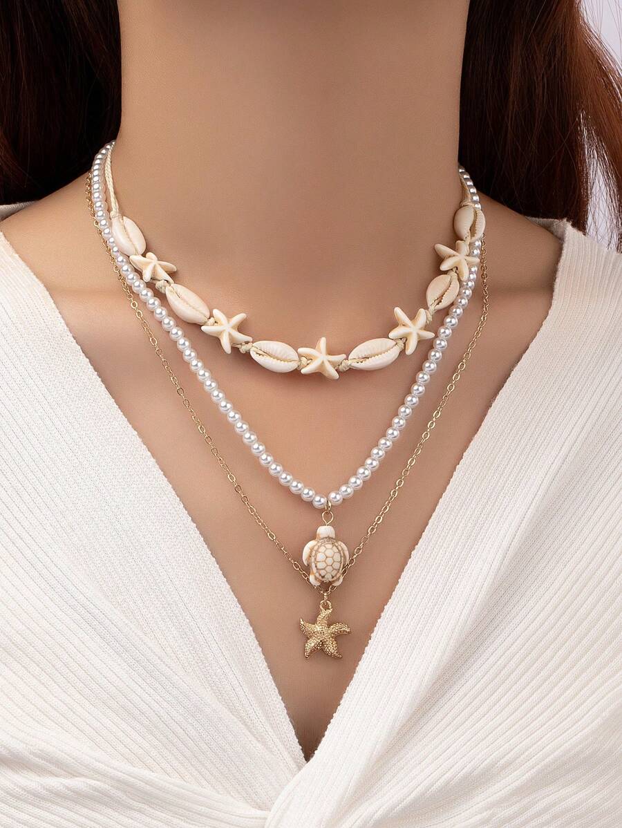 3 cái/bộ Châu âu & Mỹ bờ biển Kỳ nghỉ Phong cách Tự nhiên Ngẫu nhiên Vỏ sò Màu ngọc lam Sao biển Ngọc trai Giả Bện Vòng cổ dây  Đối với phụ nữ - Vàng - Xem 1