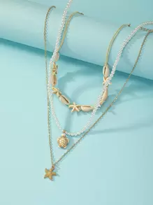 3 cái/bộ Châu âu & Mỹ bờ biển Kỳ nghỉ Phong cách Tự nhiên Ngẫu nhiên Vỏ sò Màu ngọc lam Sao biển Ngọc trai Giả Bện Vòng cổ dây  Đối với phụ nữ - Vàng - Xem 2