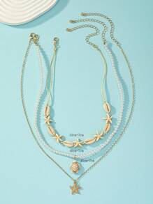 3 cái/bộ Châu âu & Mỹ bờ biển Kỳ nghỉ Phong cách Tự nhiên Ngẫu nhiên Vỏ sò Màu ngọc lam Sao biển Ngọc trai Giả Bện Vòng cổ dây  Đối với phụ nữ - Vàng - Xem 3