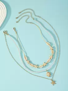 3 cái/bộ Châu âu & Mỹ bờ biển Kỳ nghỉ Phong cách Tự nhiên Ngẫu nhiên Vỏ sò Màu ngọc lam Sao biển Ngọc trai Giả Bện Vòng cổ dây  Đối với phụ nữ - Vàng - Xem 4