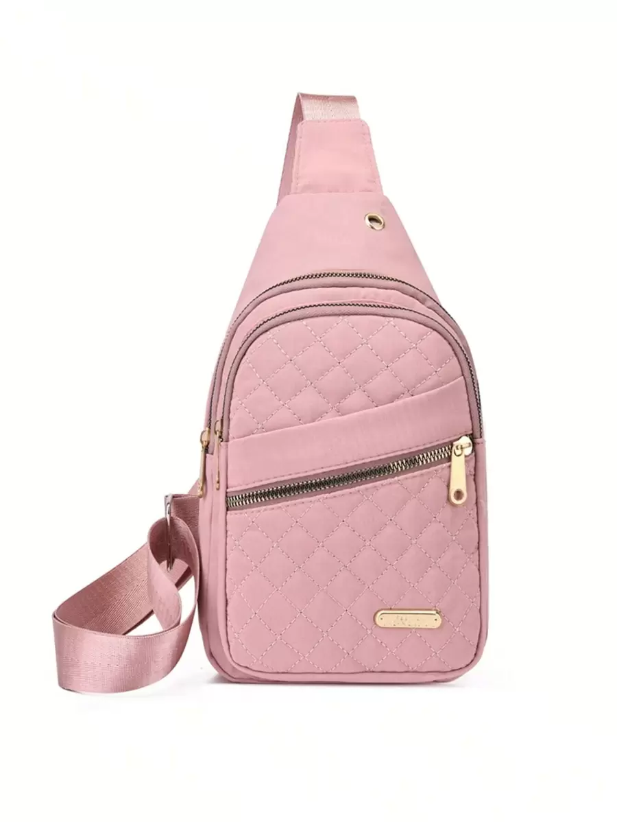 幾何格紋衍縫吊索後背包,休閒尼龍胸包,戶外遊玩斜挎包大容量海灘洞包,防水輕便收納袋,海灘運動玩具托特包